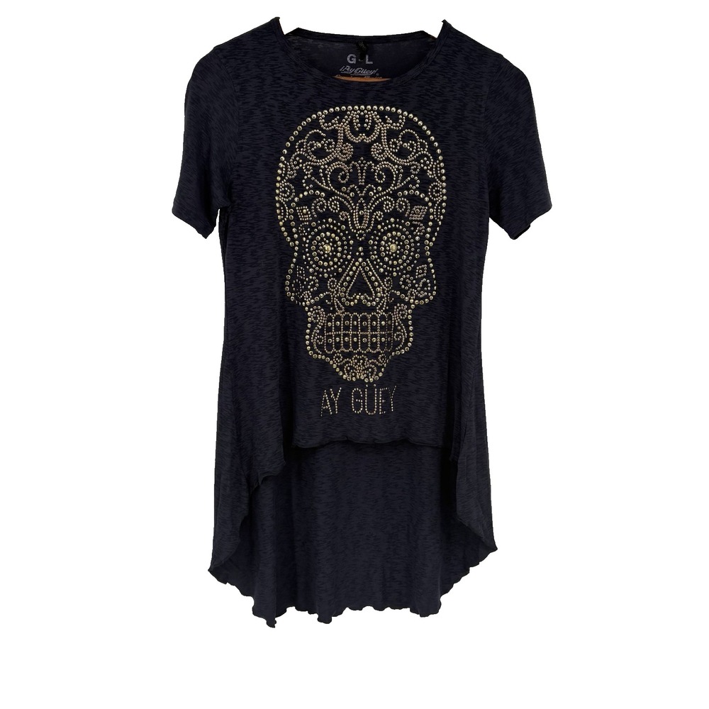 Ay Guey Women Cala Maxi Top Large Blue Gray Studded Sugar Skull High Low Stretch